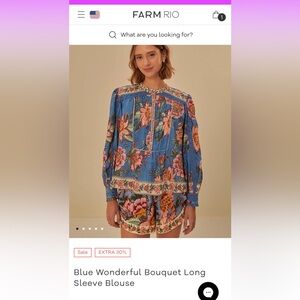 NWT Farm Rio Blue Wonderful Bouquet Long Sleeve Blouse